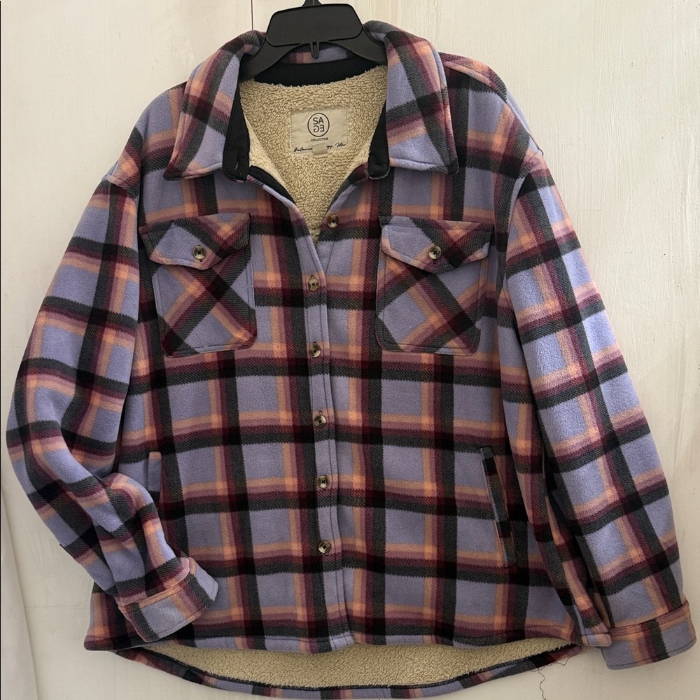 SAGE Collective purple & Lavender Plaid Fleece Jacket with Sherpa Lining XXL - Picture 2 of 9